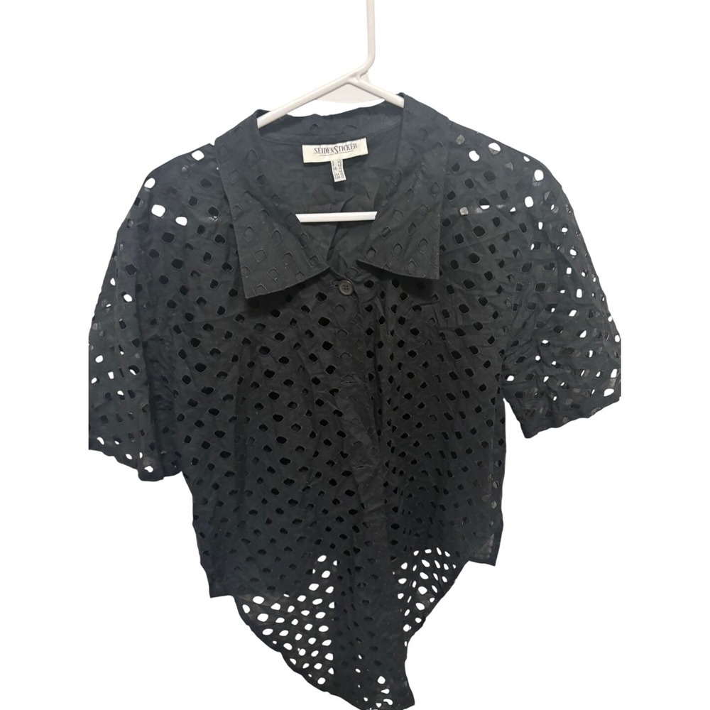 Seidensticker Black Eyelet Lace Short Sleeve Button Down Shirt Top USA 10